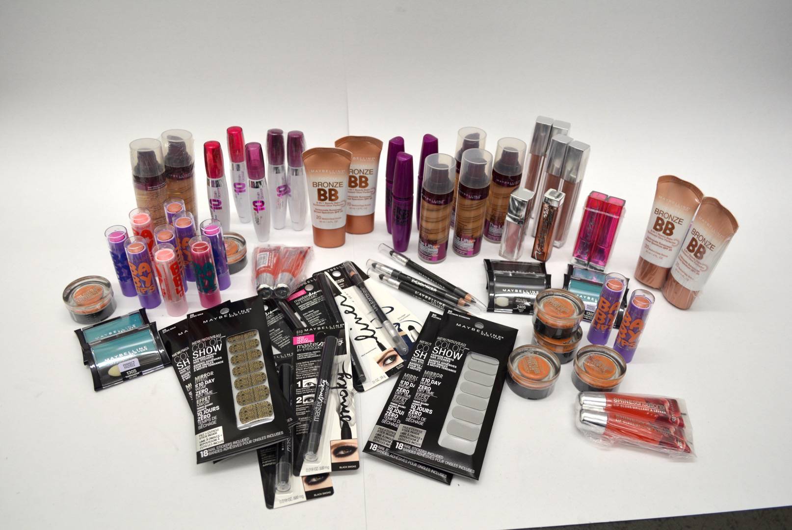 Maybelline New Overstock Cosmetic Lots - Assorted Case Packs of 250 units of New Overstock Maybelline Cosmetics. Partially Manifested.