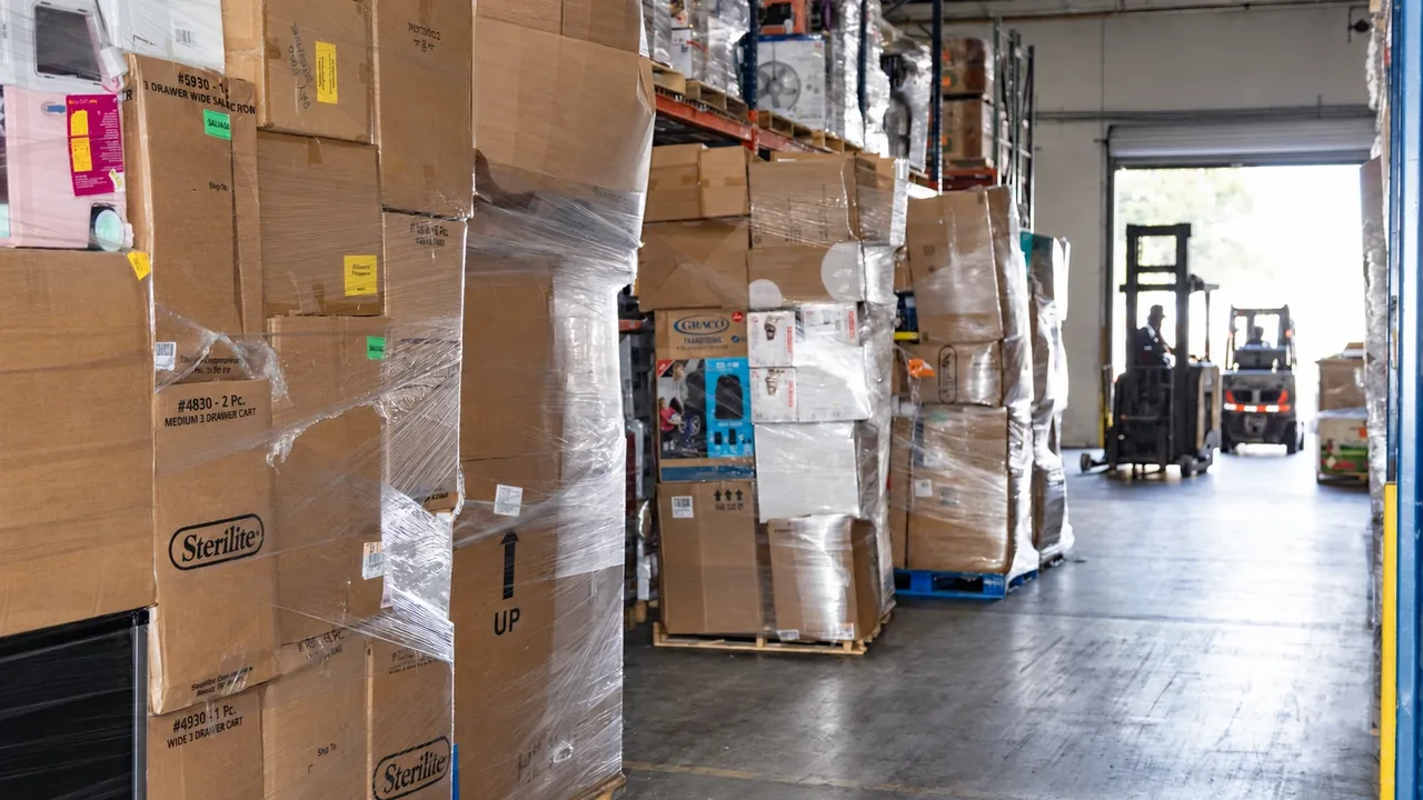 Self-pickup: pallets staged in the warehouse aisle by the loading dock, forklifts at the door
