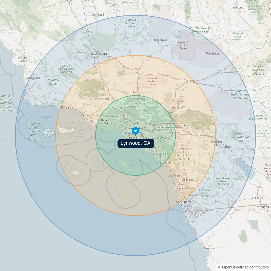 Map of local delivery zones around Lynwood, CA: Zone A 0–50 miles, Zone B 50–100 miles, Zone C 100–150 miles.