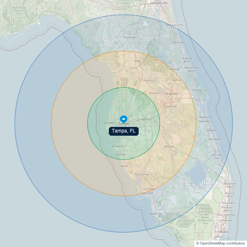 Map of local delivery zones around Tampa, FL: Zone A 0–50 miles, Zone B 50–100 miles, Zone C 100–150 miles.