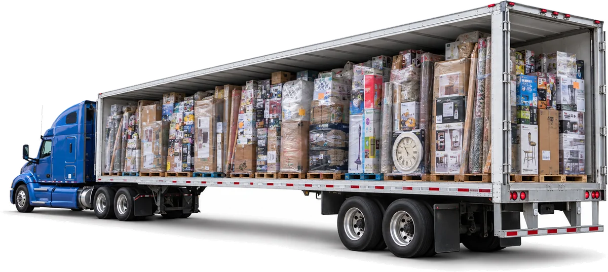 Tráiler de 53 pies cargado con paletas de mercancía, con el costado abierto