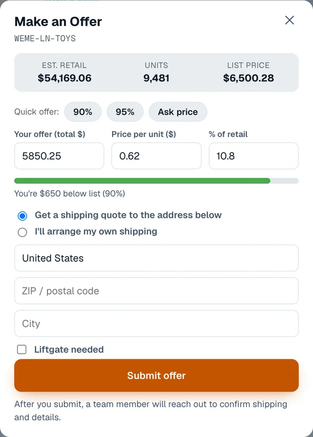 El panel de Haz una oferta con el precio de lista, oferta rápida y cotización de envío
