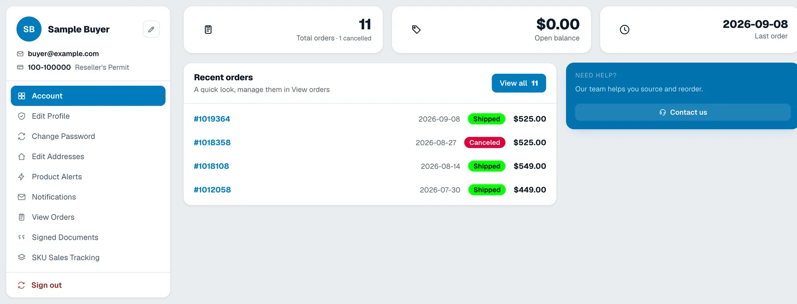 My Account: menú de la cuenta, totales de pedidos, saldo abierto y pedidos recientes