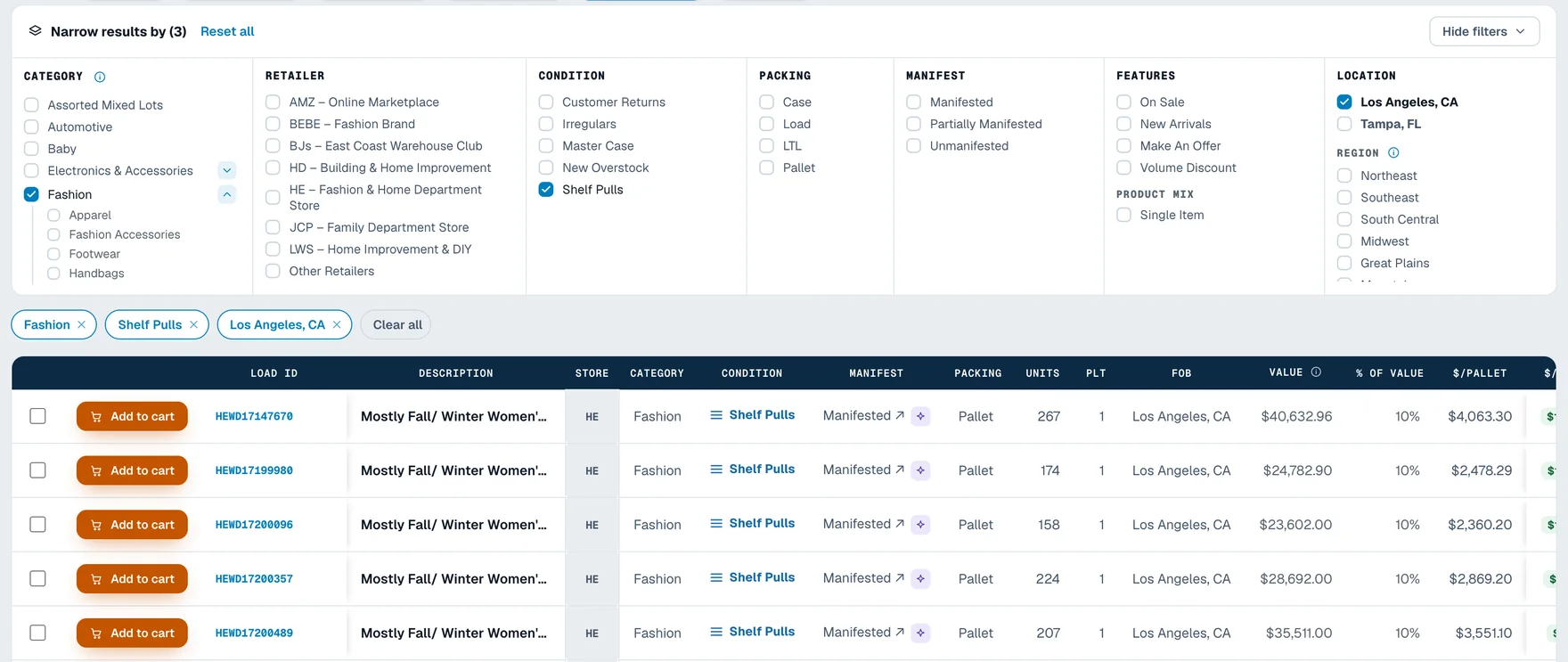 Load Center filter panel with filtered results