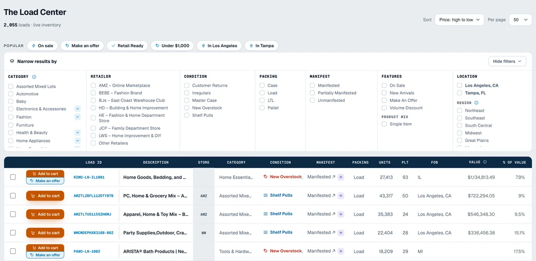 The Via Trading Load Center with filters and load data