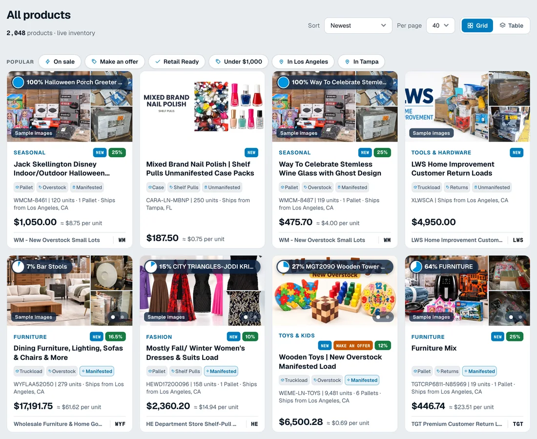 Via Trading product listings with lot size, condition and manifest tags, photos and live prices